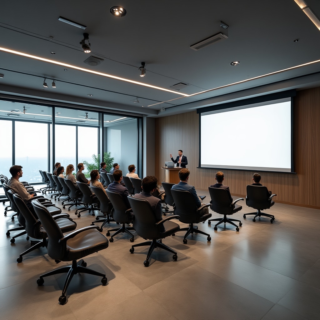 Modern corporate training room with projection screen and comfortable seating arranged for interactive workshop session
