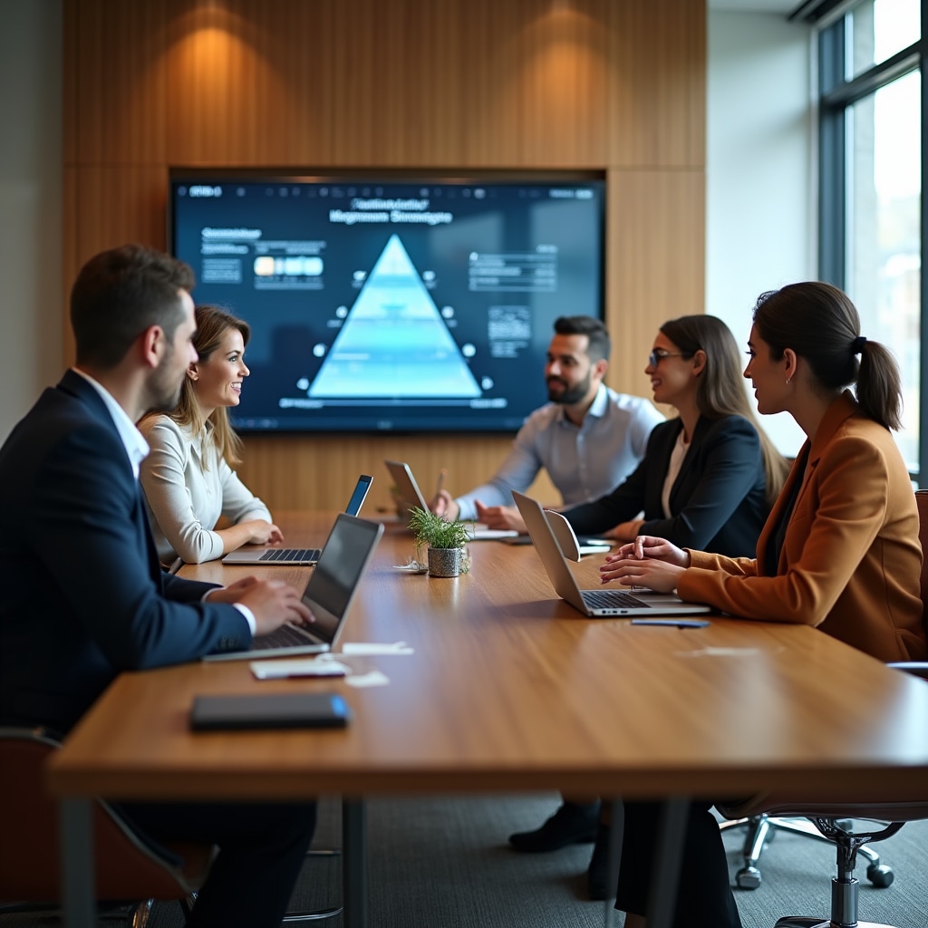 Professional team members in a modern meeting room discussing project details around a conference table