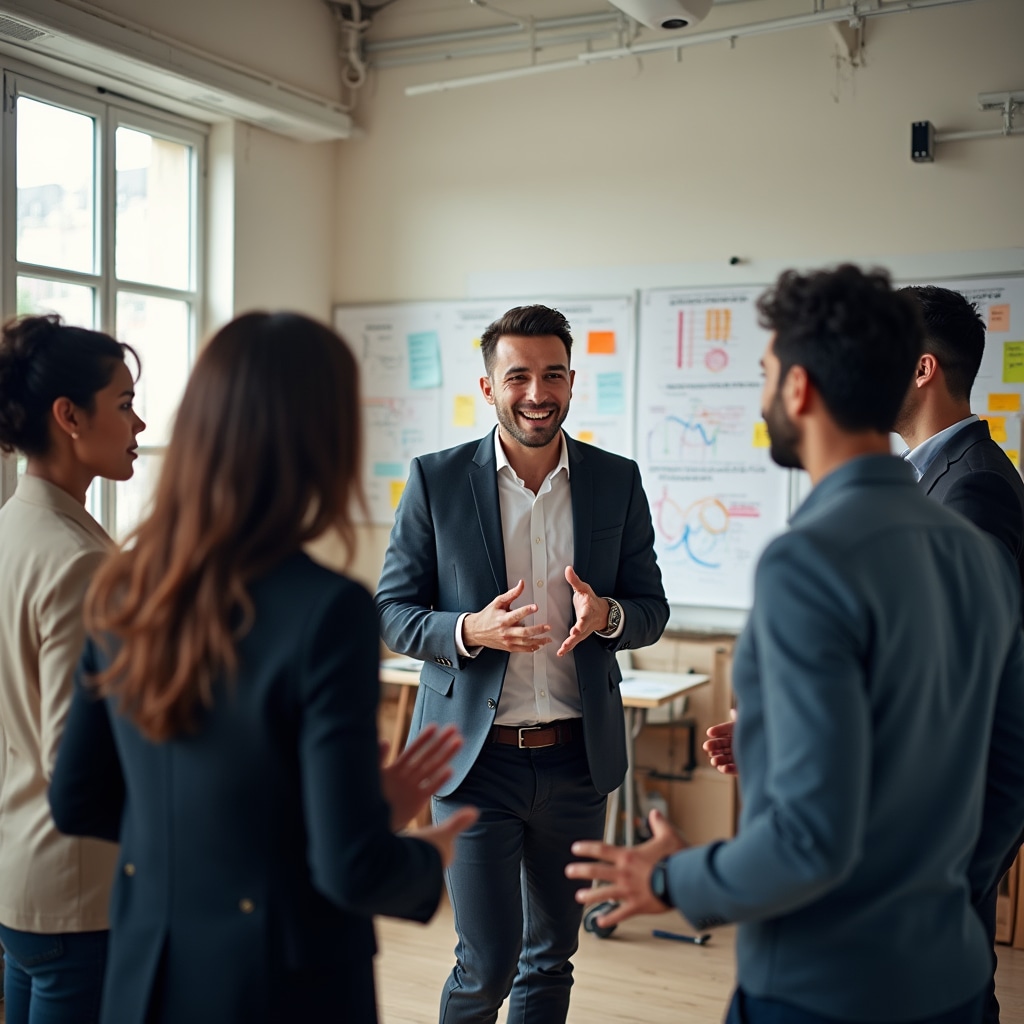 Diverse professional team engaged in collaborative workshop exercise practicing presentation skills with instructor guidance