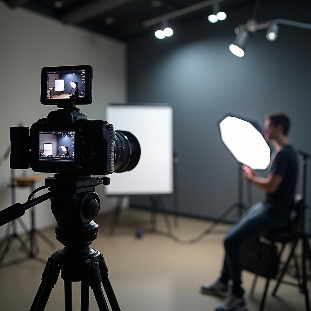 Professional video recording equipment setup in workshop space capturing participant presentation for feedback review