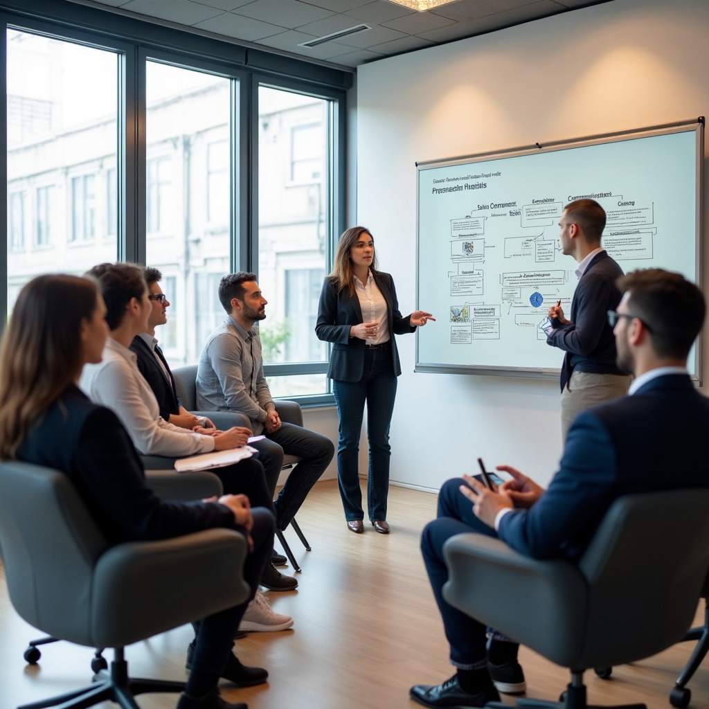 Small group of professionals practicing presentations in modern training room with instructor providing feedback